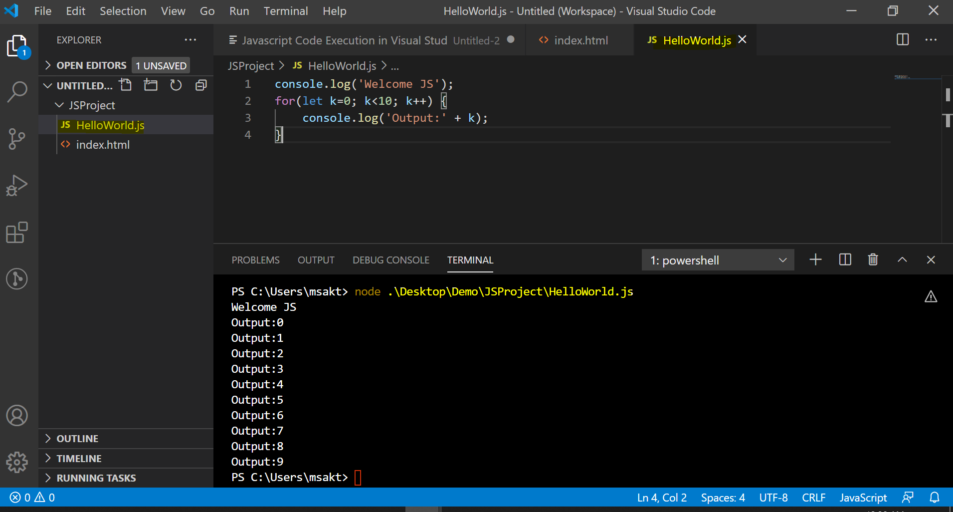 Visual Studio Code Tips - Javascript Code Execution in Visual Studio Code  Terminal 