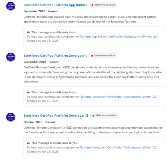 Winter 22 Salesforce Certification Maintenance exam deadline is on